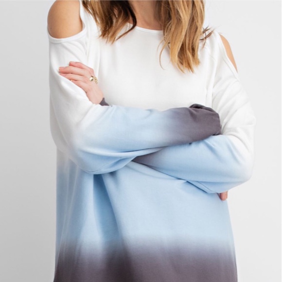 Terry Knit Blue Ombré Tie Dyed Cold Shoulder Top! - Picture 4 of 10